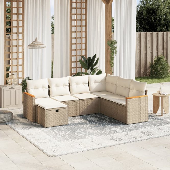 7-tlg. Garten-Sofagarnitur mit Kissen Schwarz Poly Rattan