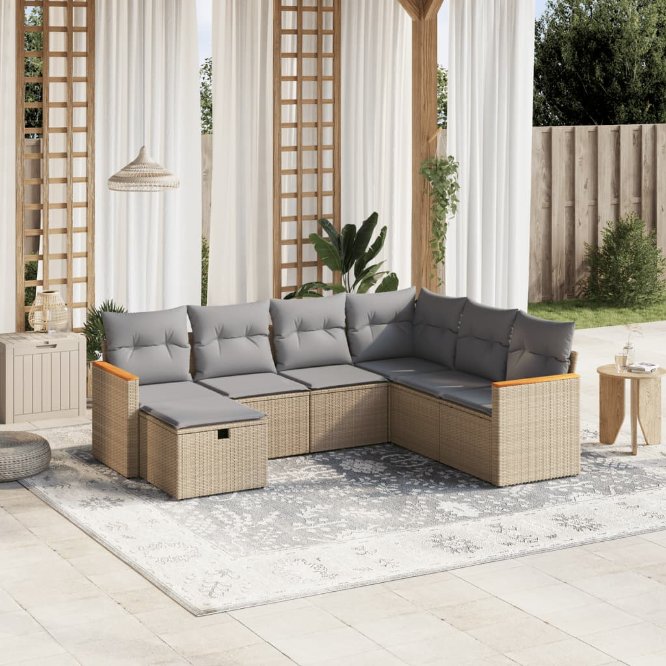7-tlg. Garten-Sofagarnitur mit Kissen Schwarz Poly Rattan