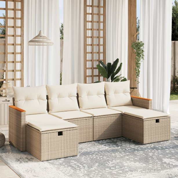 6-tlg. Garten-Sofagarnitur mit Kissen Schwarz Poly Rattan