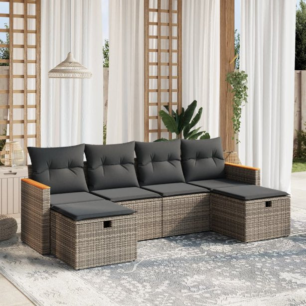 6-tlg. Garten-Sofagarnitur mit Kissen Schwarz Poly Rattan