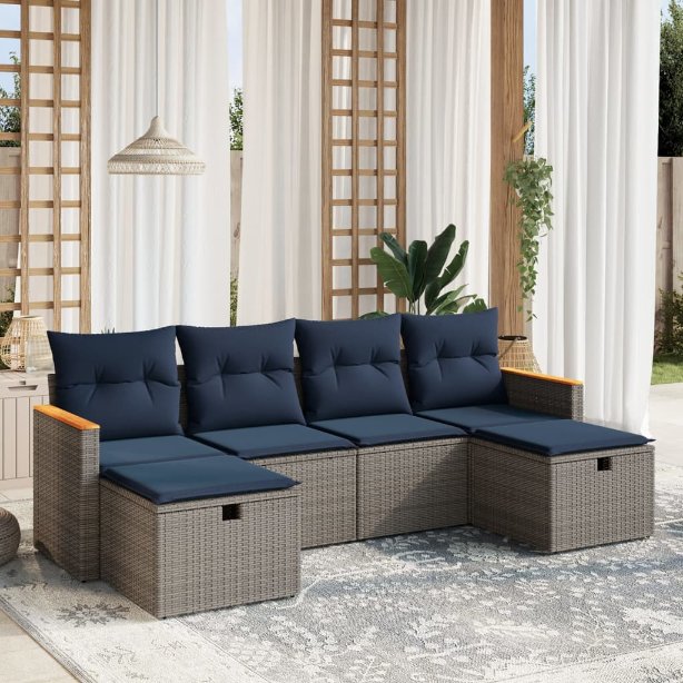 6-tlg. Garten-Sofagarnitur mit Kissen Grau Poly Rattan