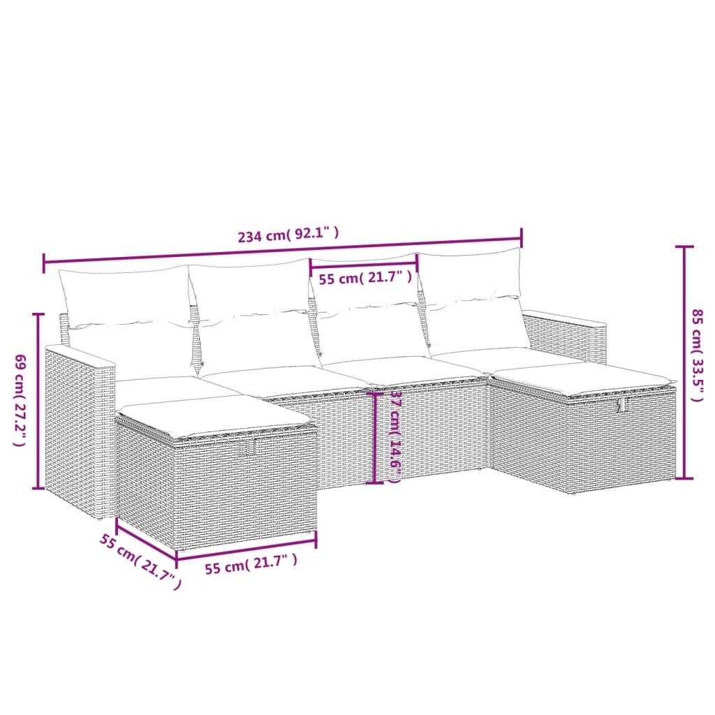 6-tlg. Garten-Sofagarnitur mit Kissen Grau Poly Rattan