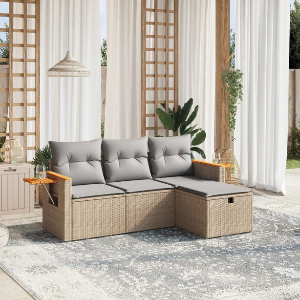 4-tlg. Garten-Sofagarnitur mit Kissen Schwarz Poly Rattan