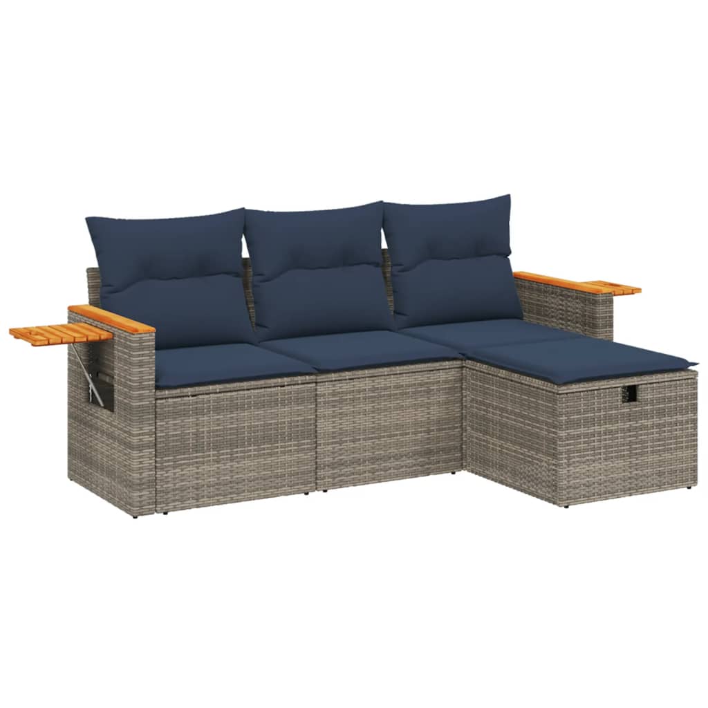 4-tlg. Garten-Sofagarnitur mit Kissen Grau Poly Rattan
