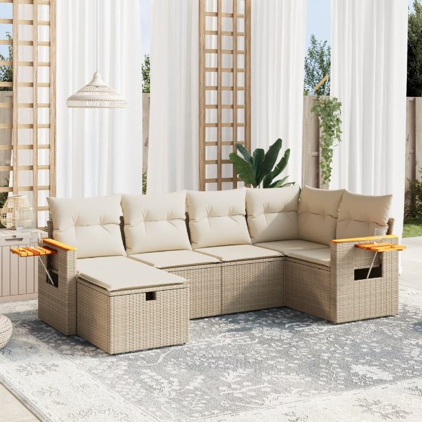 6-tlg. Garten-Sofagarnitur mit Kissen Schwarz Poly Rattan
