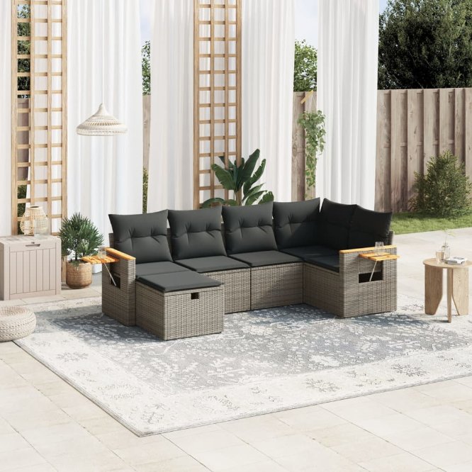 6-tlg. Garten-Sofagarnitur mit Kissen Schwarz Poly Rattan