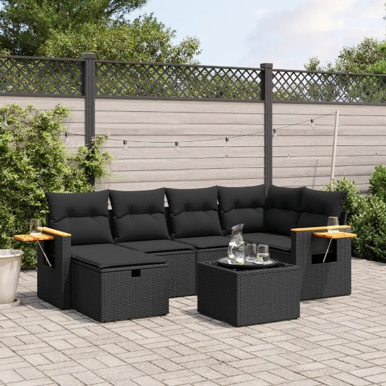 6-tlg. Garten-Sofagarnitur mit Kissen Schwarz Poly Rattan