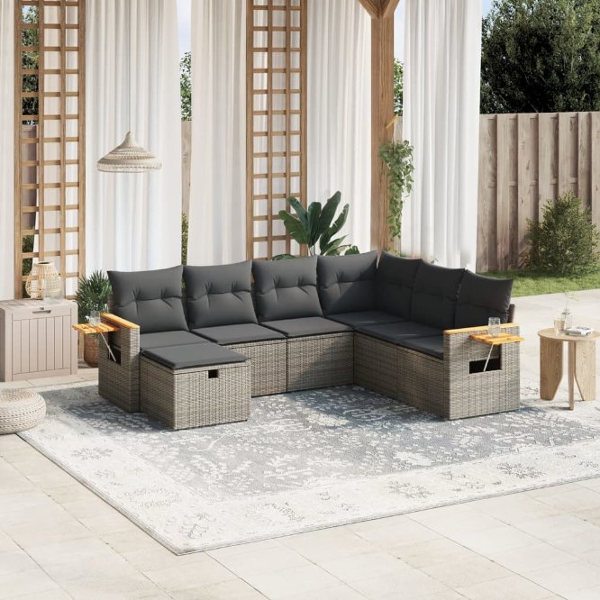 7-tlg. Garten-Sofagarnitur mit Kissen Schwarz Poly Rattan