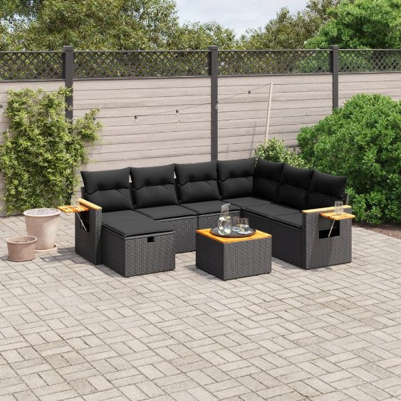 7-tlg. Garten-Sofagarnitur mit Kissen Schwarz Poly Rattan