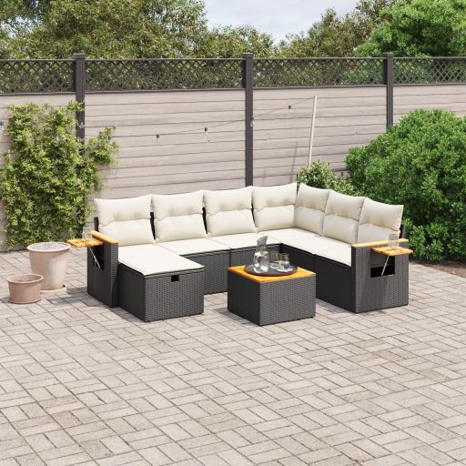 7-tlg. Garten-Sofagarnitur mit Kissen Schwarz Poly Rattan