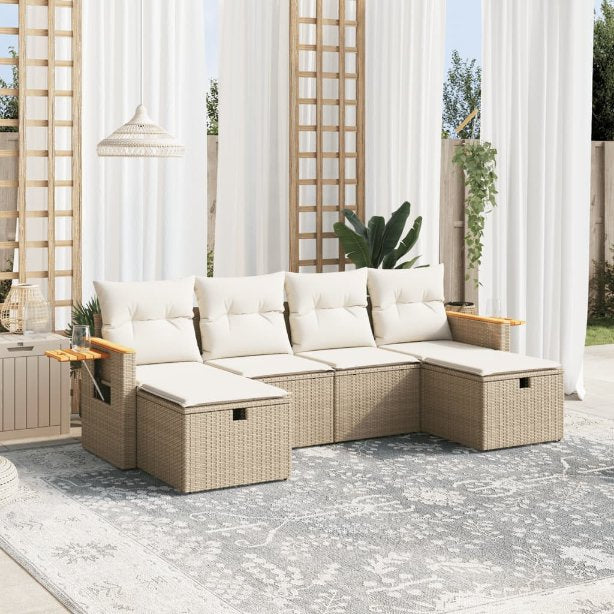 6-tlg. Garten-Sofagarnitur mit Kissen Schwarz Poly Rattan