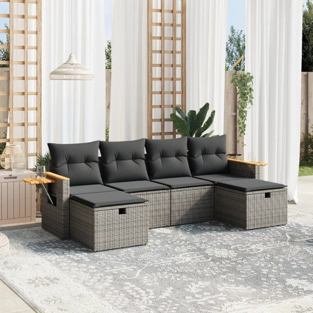 6-tlg. Garten-Sofagarnitur mit Kissen Schwarz Poly Rattan