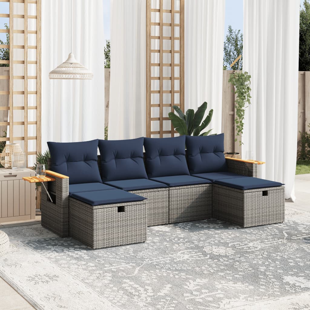 6-tlg. Garten-Sofagarnitur mit Kissen Grau Poly Rattan