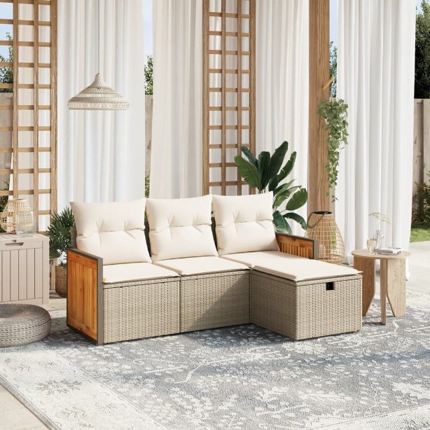 4-tlg. Garten-Sofagarnitur mit Kissen Schwarz Poly Rattan