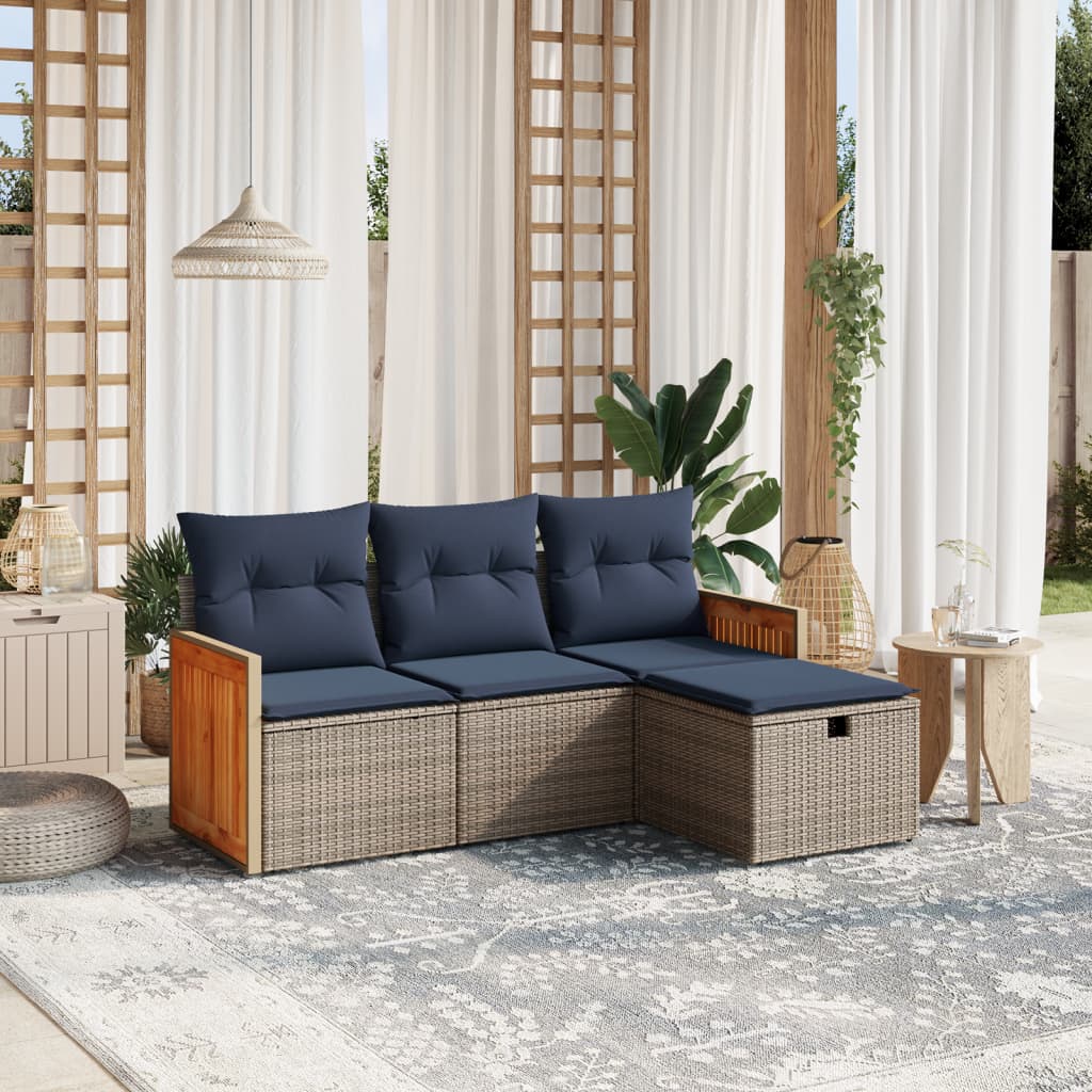 4-tlg. Garten-Sofagarnitur mit Kissen Grau Poly Rattan
