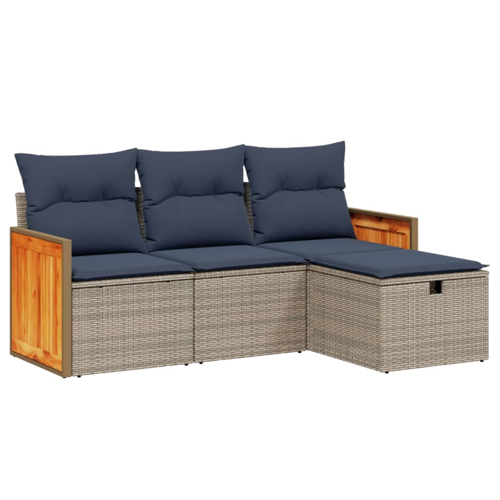 4-tlg. Garten-Sofagarnitur mit Kissen Grau Poly Rattan