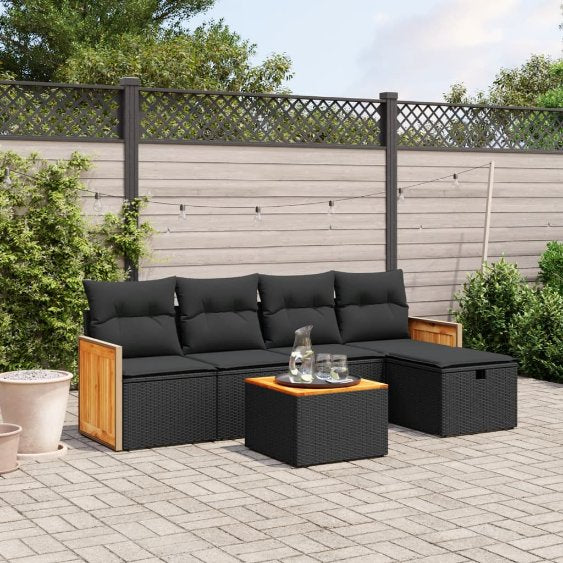 5-tlg. Garten-Sofagarnitur mit Kissen Schwarz Poly Rattan