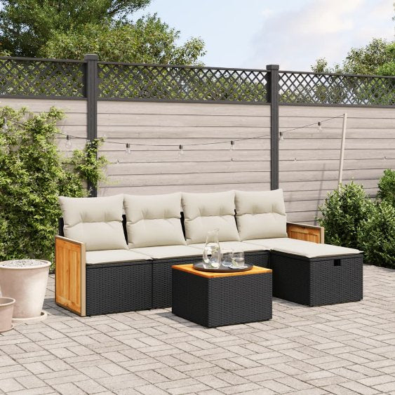 5-tlg. Garten-Sofagarnitur mit Kissen Schwarz Poly Rattan