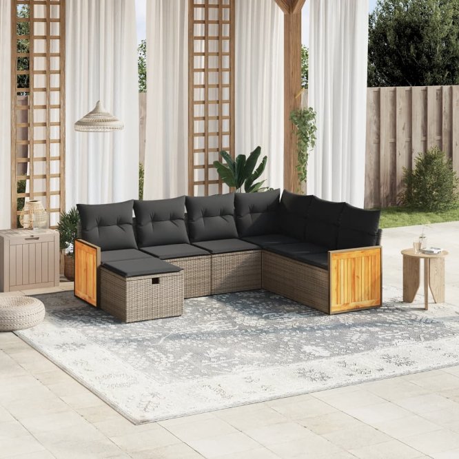 7-tlg. Garten-Sofagarnitur mit Kissen Schwarz Poly Rattan