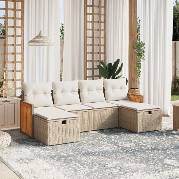 6-tlg. Garten-Sofagarnitur mit Kissen Schwarz Poly Rattan