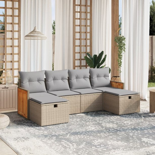 6-tlg. Garten-Sofagarnitur mit Kissen Schwarz Poly Rattan