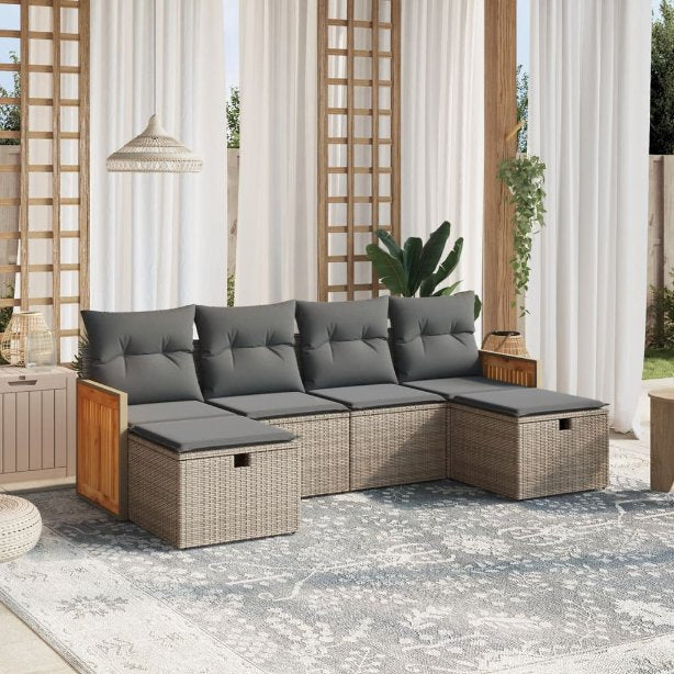 6-tlg. Garten-Sofagarnitur mit Kissen Schwarz Poly Rattan