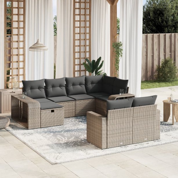 vidaXL 10-tlg. Garten-Sofagarnitur mit Kissen Schwarz Poly Rattan