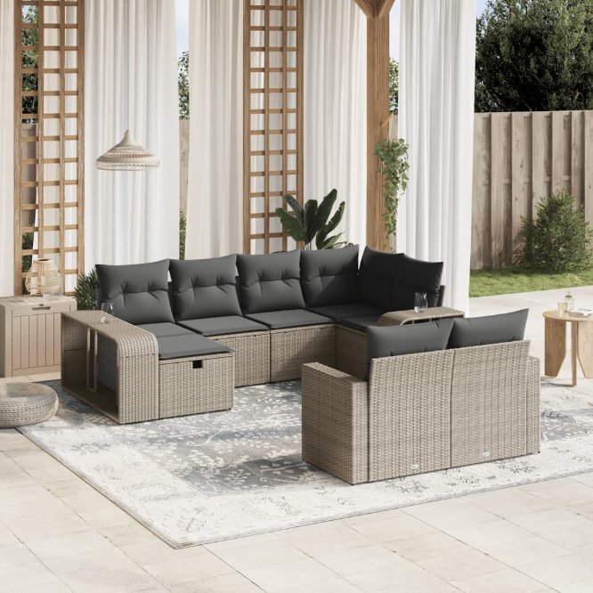 vidaXL 10-tlg. Garten-Sofagarnitur mit Kissen Schwarz Poly Rattan