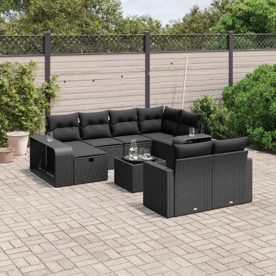 vidaXL 10-tlg. Garten-Sofagarnitur mit Kissen Schwarz Poly Rattan