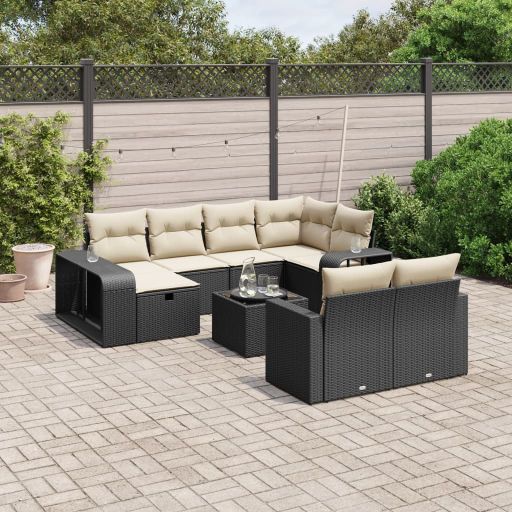 vidaXL 10-tlg. Garten-Sofagarnitur mit Kissen Schwarz Poly Rattan