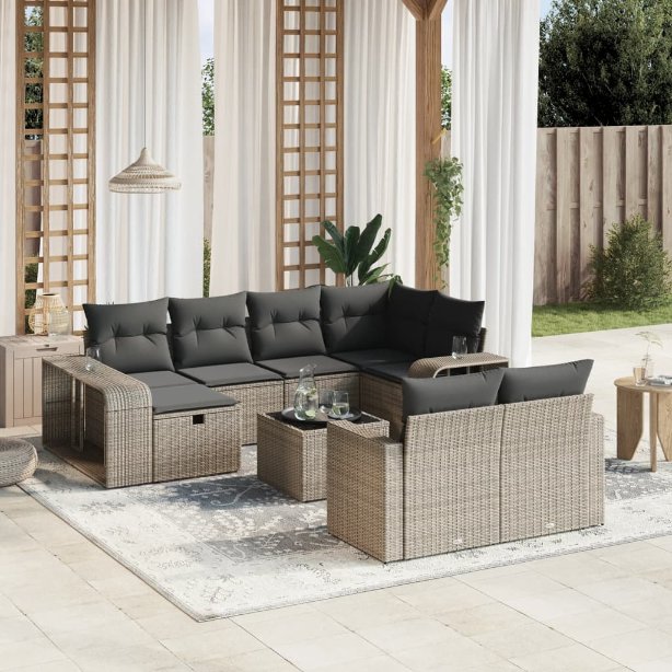 vidaXL 10-tlg. Garten-Sofagarnitur mit Kissen Schwarz Poly Rattan