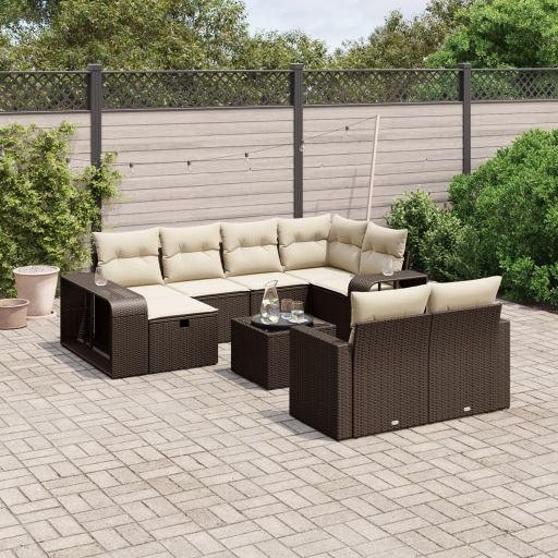 vidaXL 10-tlg. Garten-Sofagarnitur mit Kissen Schwarz Poly Rattan