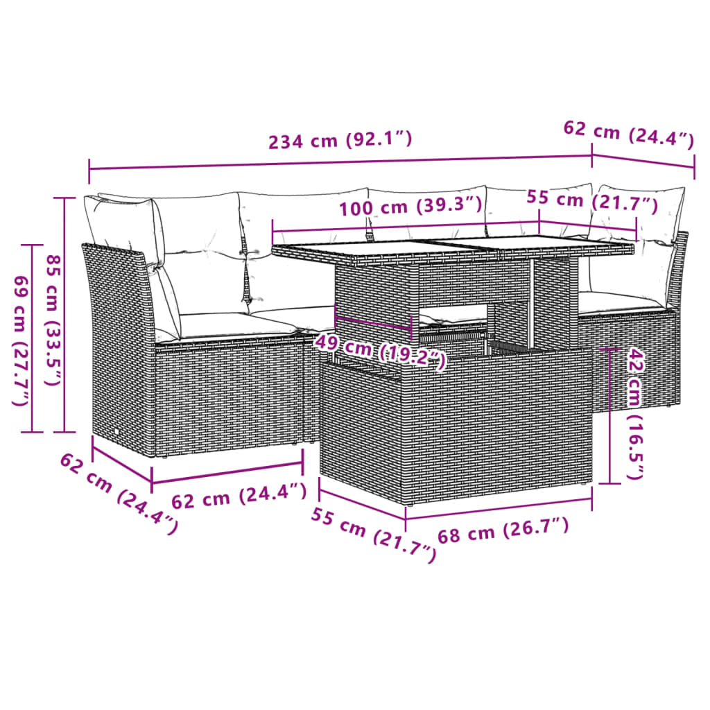 5-teiliges Gartensofa-Set mit Kissen, schwarzes Polyrattan