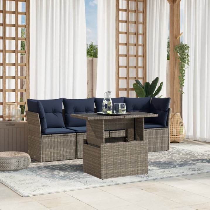 5-teiliges Gartensofa-Set mit Kissen, schwarzes Polyrattan
