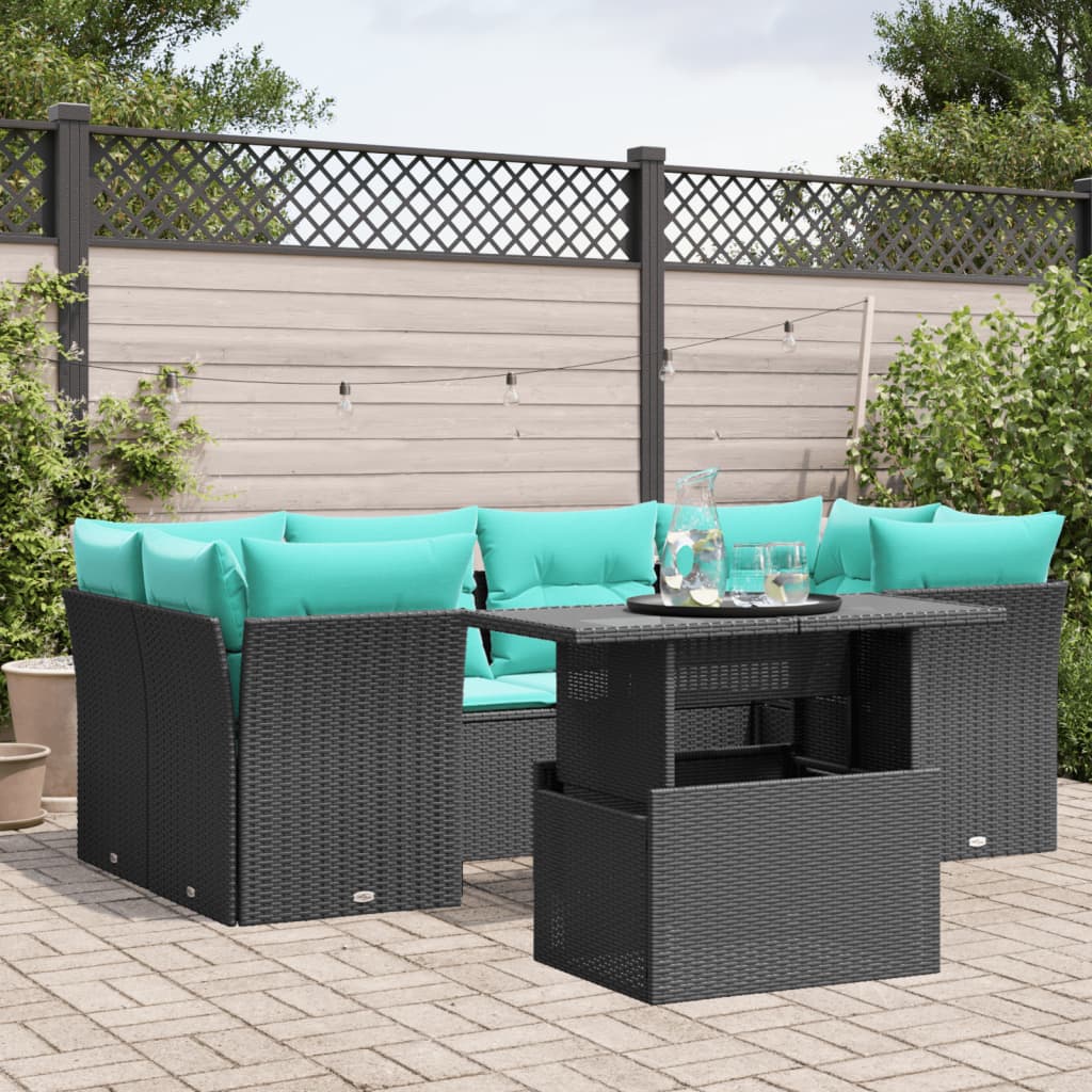 7-teiliges Gartensofa-Set mit Kissen, schwarzes Polyrattan