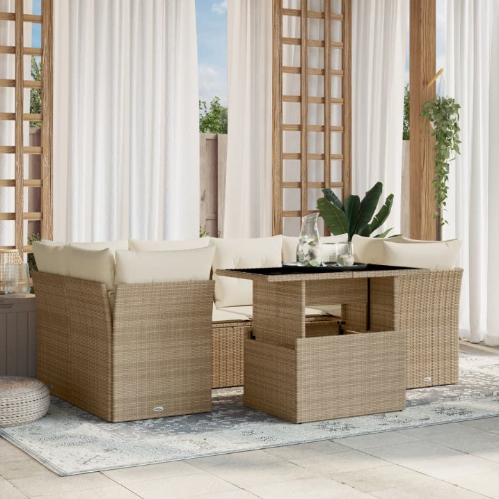 7-tlg. Garten-Sofagarnitur mit Kissen Schwarz Poly Rattan