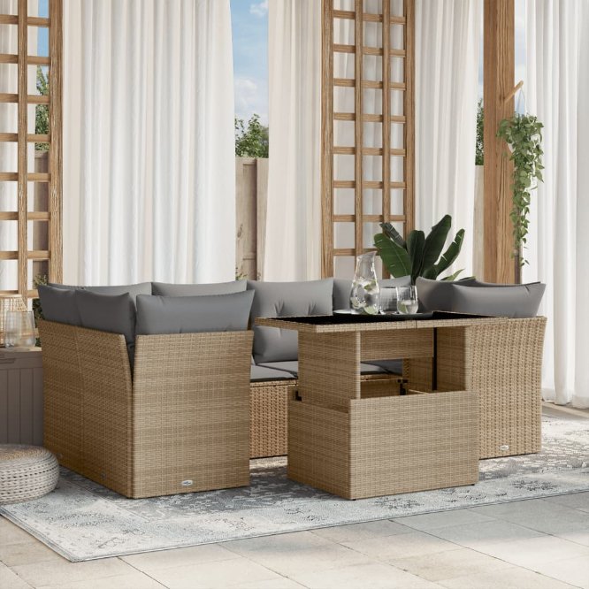 7-tlg. Garten-Sofagarnitur mit Kissen Schwarz Poly Rattan