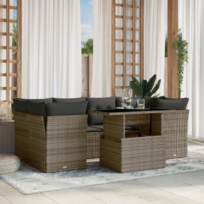 7-tlg. Garten-Sofagarnitur mit Kissen Schwarz Poly Rattan