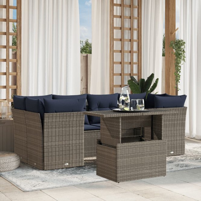 7-teiliges Gartensofa-Set mit Kissen, schwarzes Polyrattan