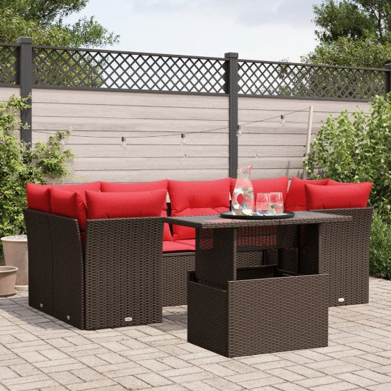 7-teiliges Gartensofa-Set mit Kissen, schwarzes Polyrattan