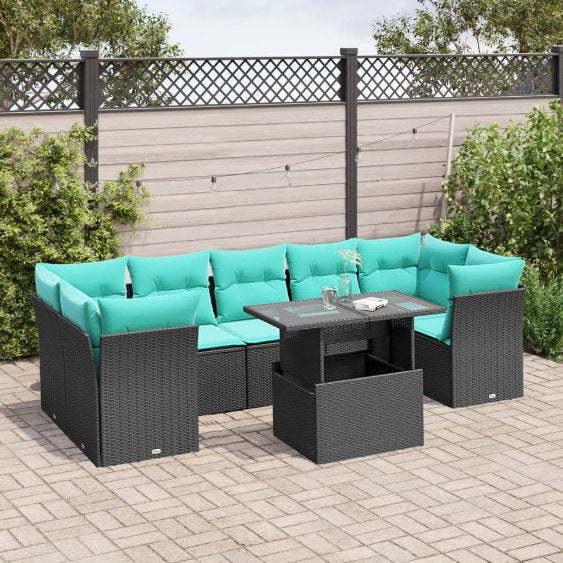 8-teiliges Gartensofa-Set mit Kissen, schwarzes Polyrattan