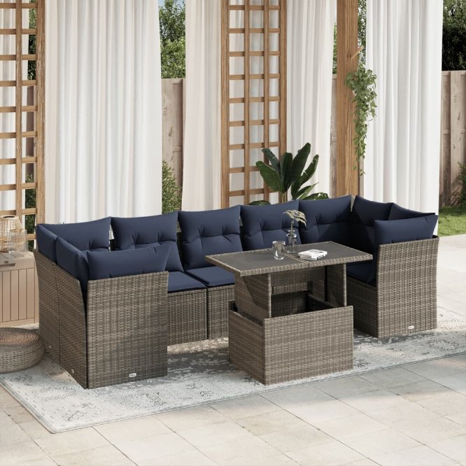 8-teiliges Gartensofa-Set mit Kissen, schwarzes Polyrattan