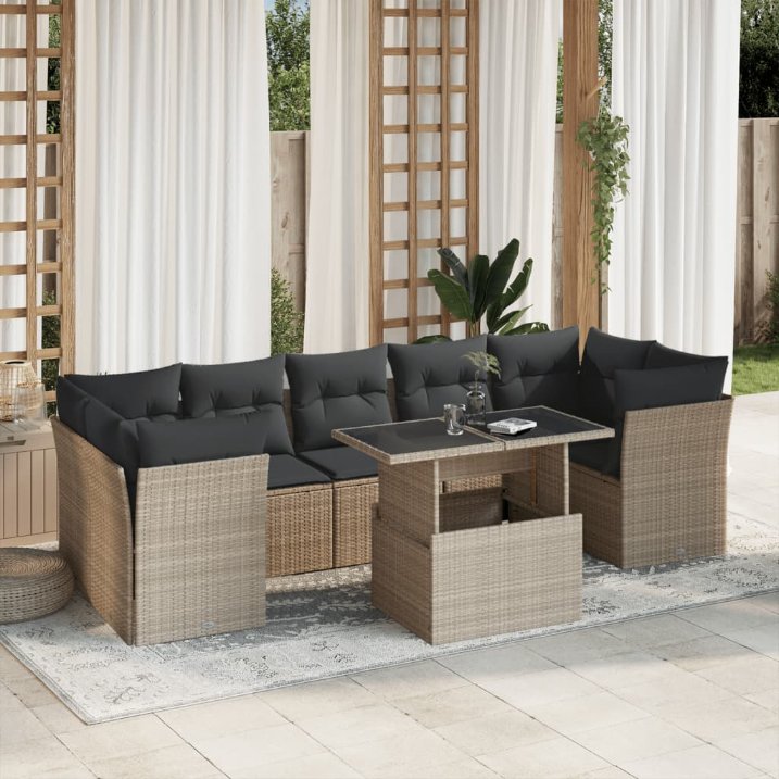 8-tlg. Garten-Sofagarnitur mit Kissen Schwarz Poly Rattan