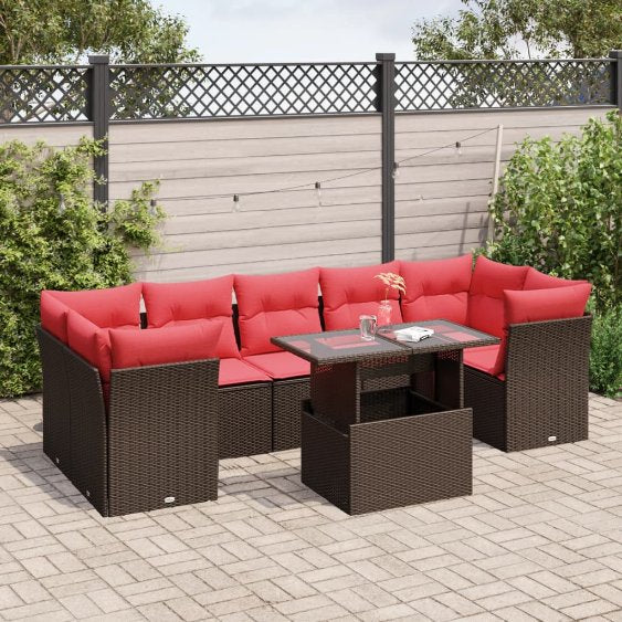 8-teiliges Gartensofa-Set mit Kissen, schwarzes Polyrattan