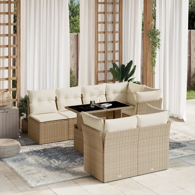 8-tlg. Garten-Sofagarnitur mit Kissen Schwarz Poly Rattan