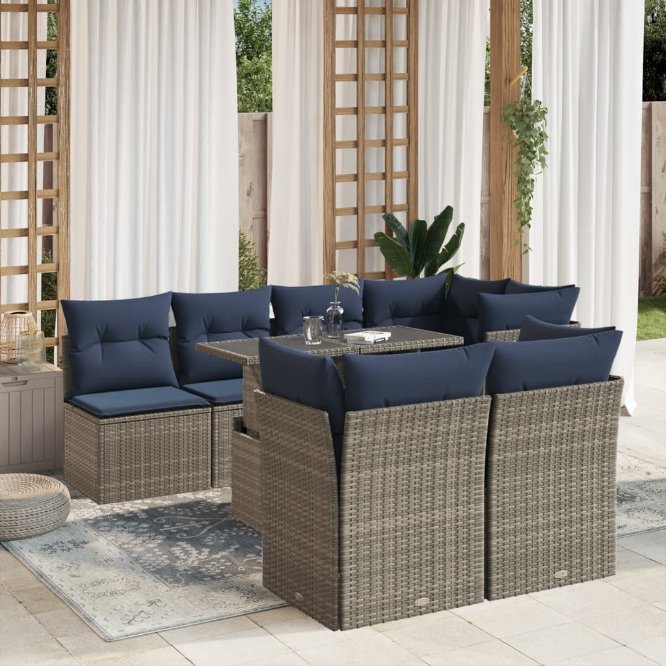 8-teiliges Gartensofa-Set mit Kissen, schwarzes Polyrattan