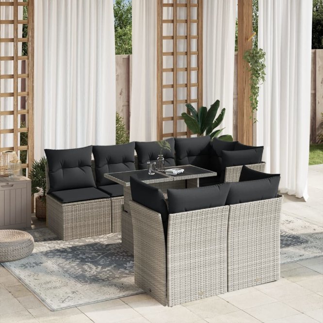 8-tlg. Garten-Sofagarnitur mit Kissen Schwarz Poly Rattan