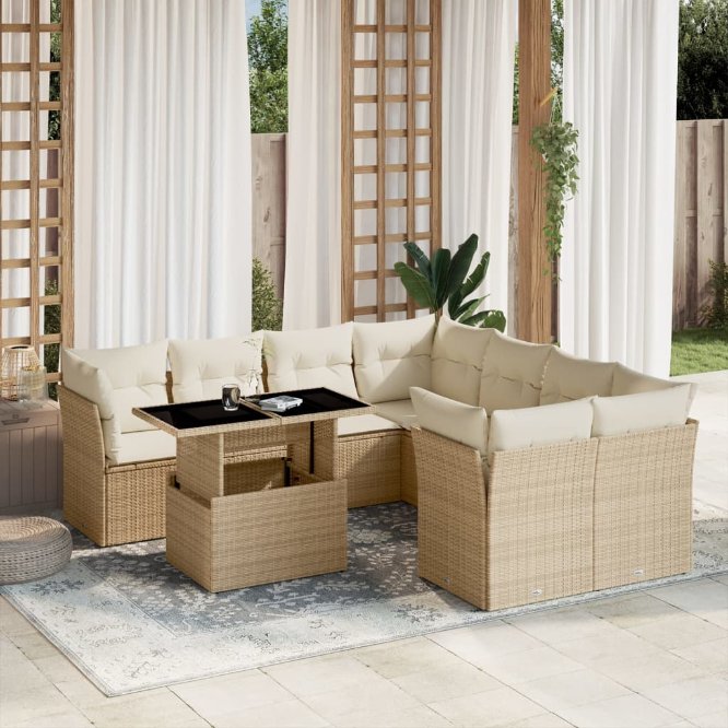 9-tlg. Garten-Sofagarnitur mit Kissen Schwarz Poly Rattan
