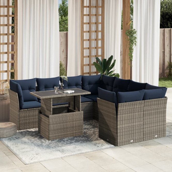 9-teiliges Gartensofa-Set mit Kissen, schwarzes Polyrattan