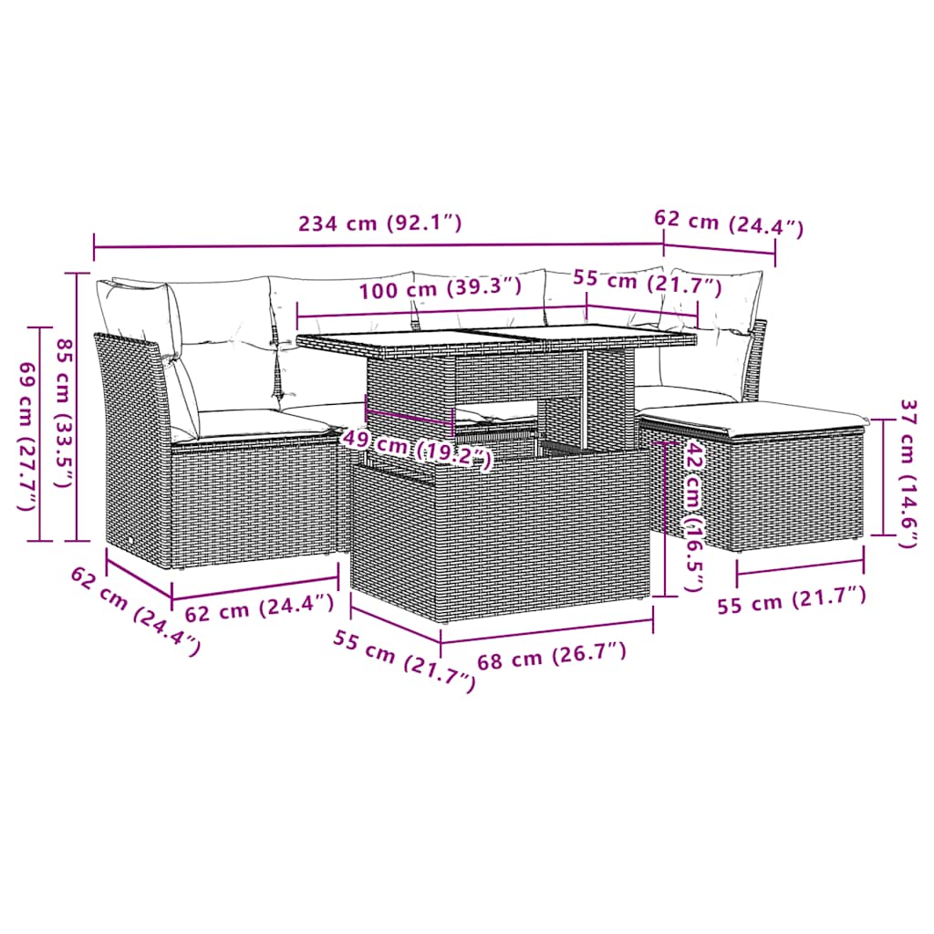 6-teiliges Gartensofa-Set mit Kissen, schwarzes Polyrattan
